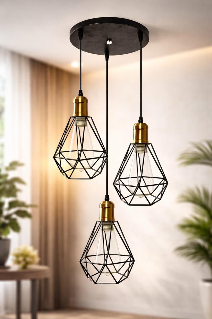 Three-light geometric wire cage pendant cluster