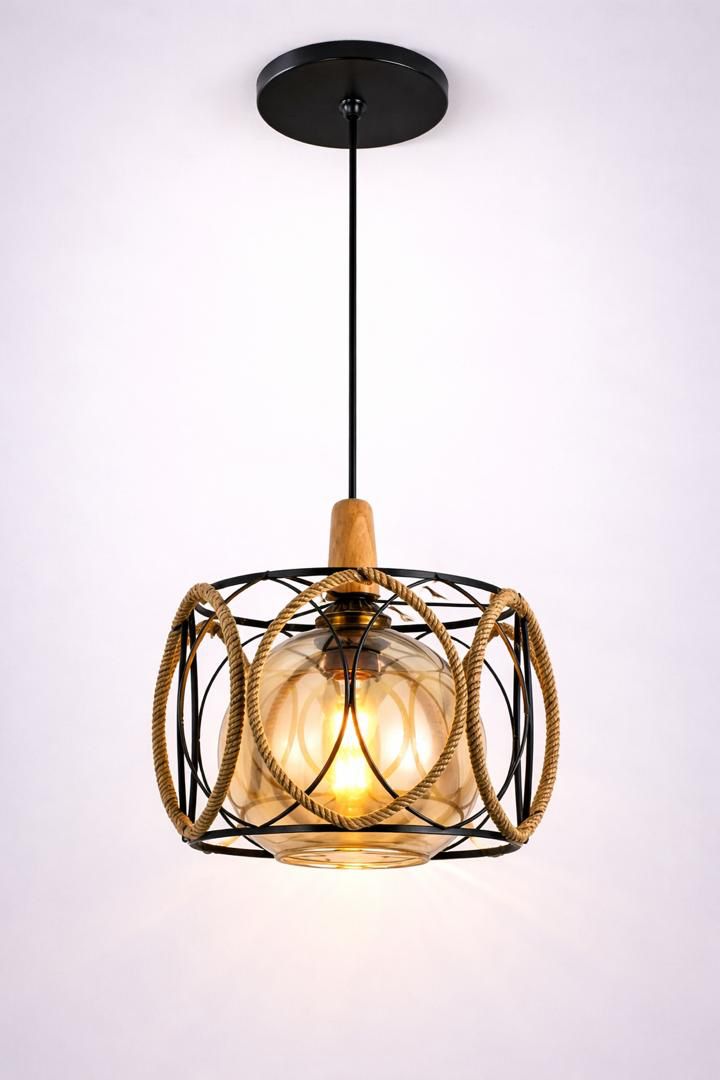 Rope-cage pendant light with amber glass globe