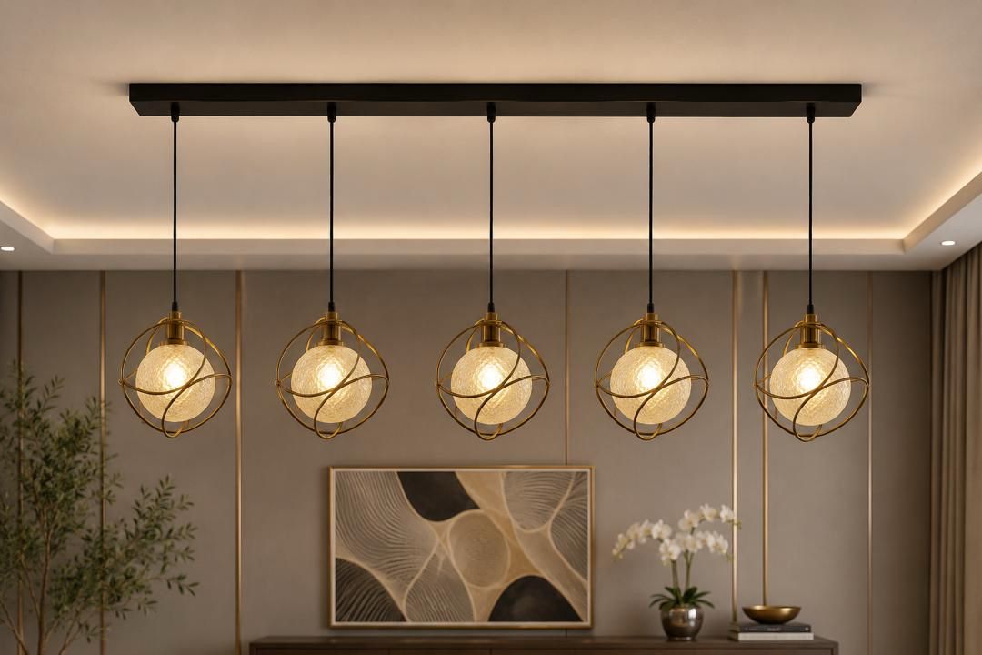 Five-light linear pendant with gold cage globes